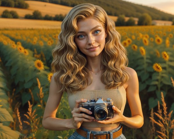 Young Woman in Sunflower Field with Vintage Camera
