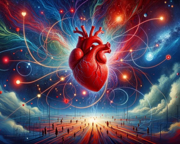 Surreal Cosmic Landscape with Glowing Red Heart