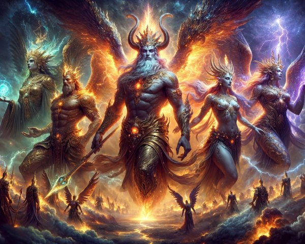 Pantheon of Deities with Energetic Orbs and Sky