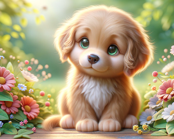 Fluffy Puppy in a Colorful Flower Garden Scene