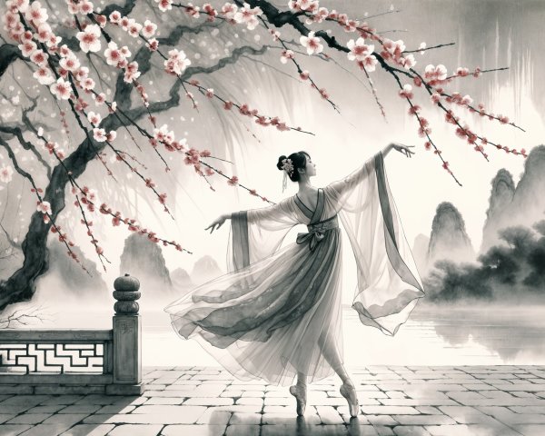Ballet Dancer in Translucent Gown Amidst Cherry Blossoms