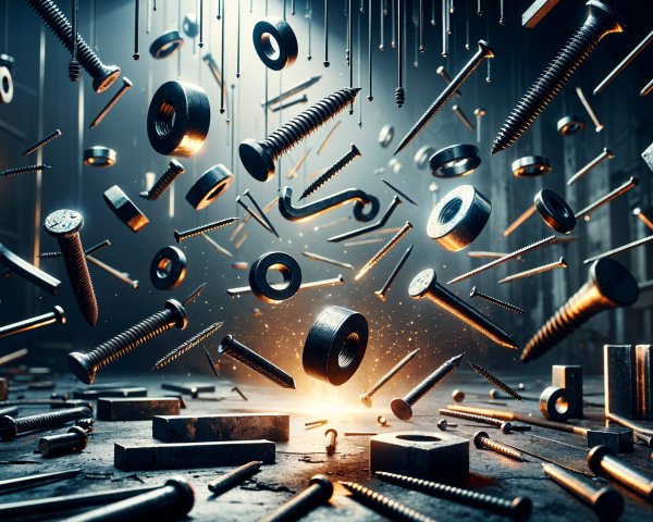 Metallic Fasteners in Mid-Air with Industrial Background