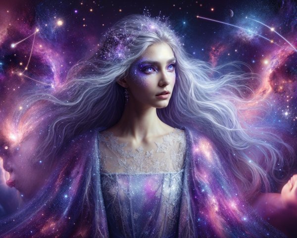Celestial Woman in Cosmic Background with Stars