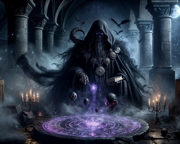 Mysterious Figure in Dark Robes Amidst Ancient Ruins