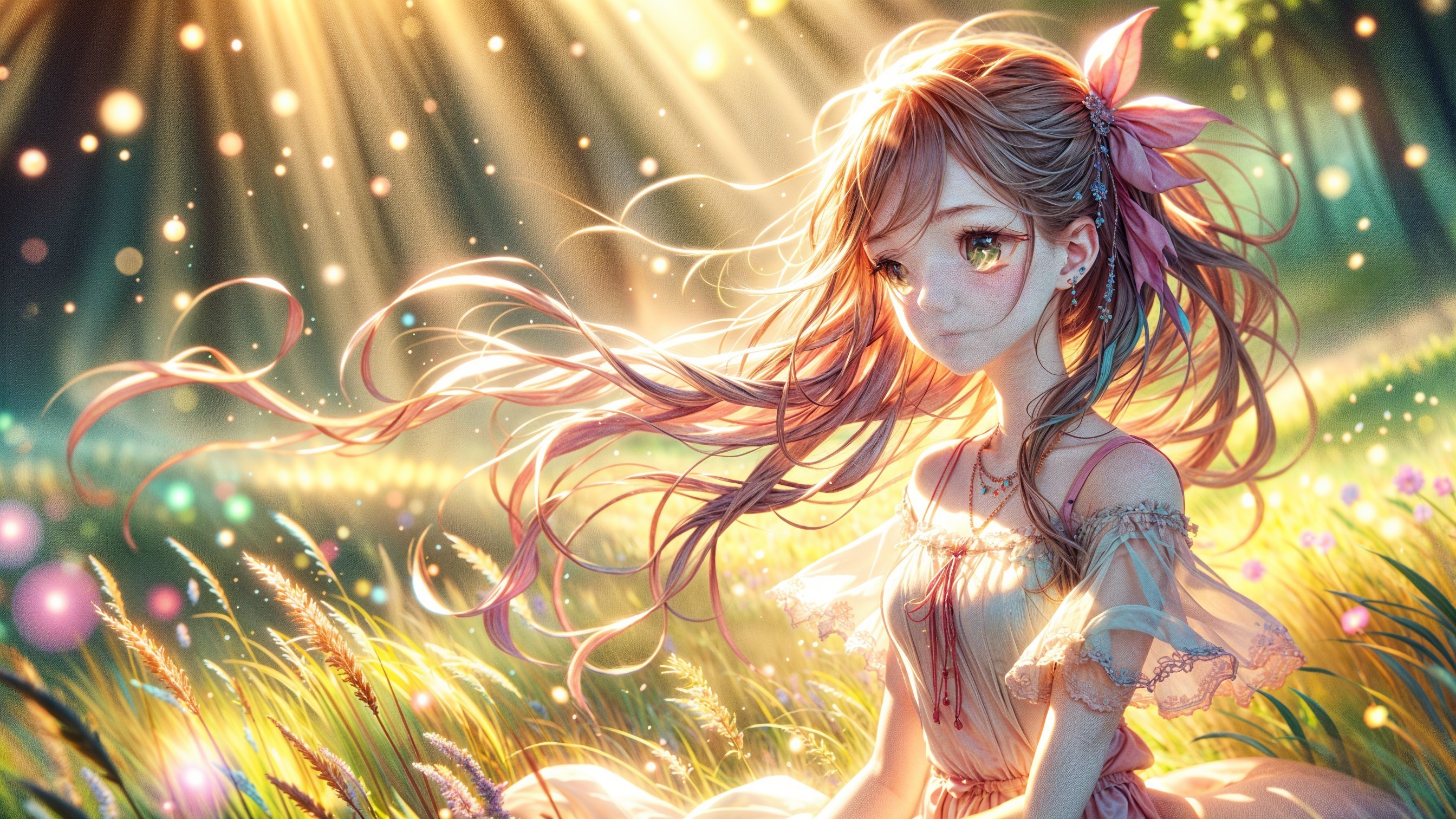 Young girl in a meadow with flowers and sunlight