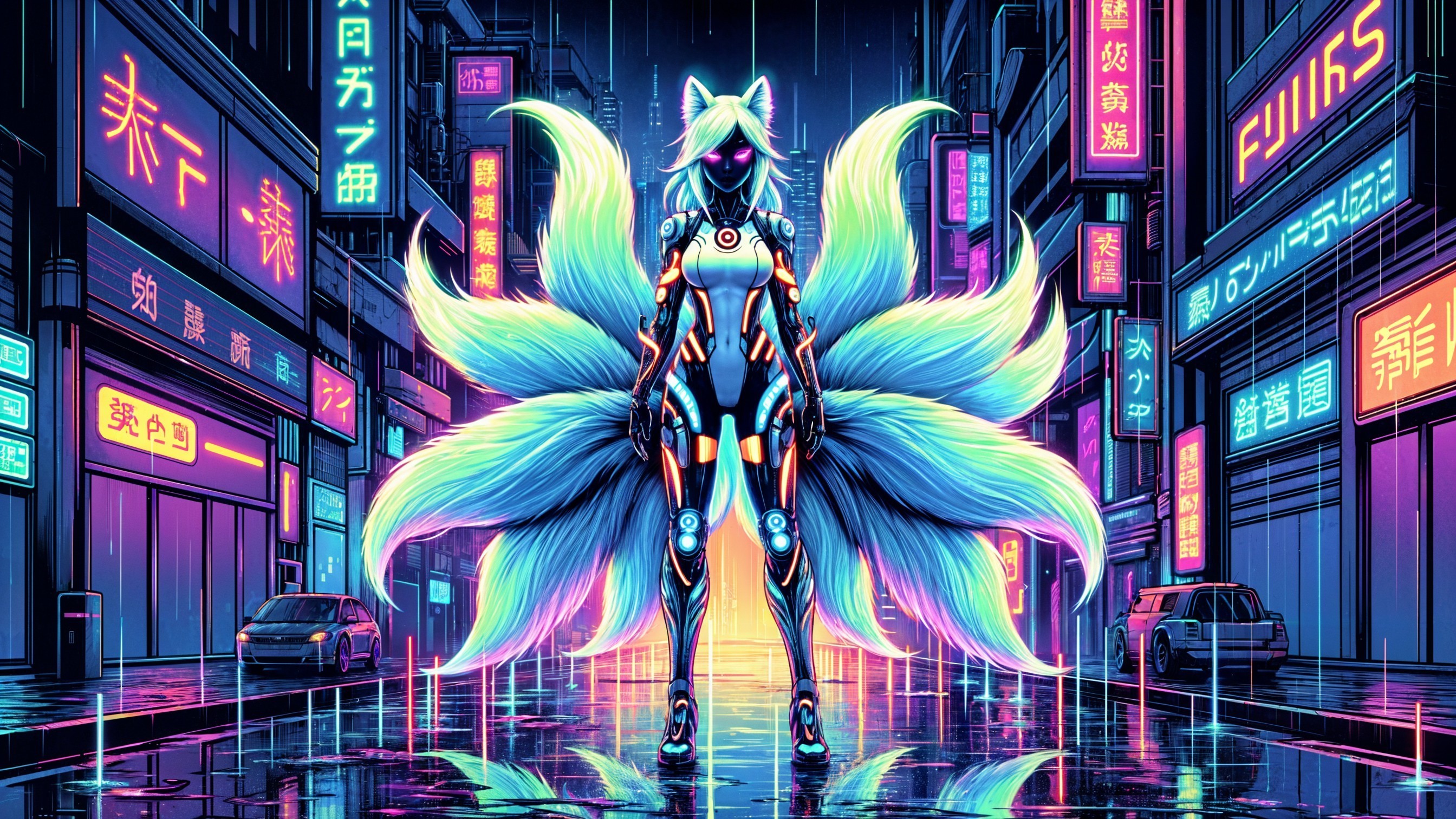 Futuristic Figure in Neon-Lit Cyberpunk Urban Scene