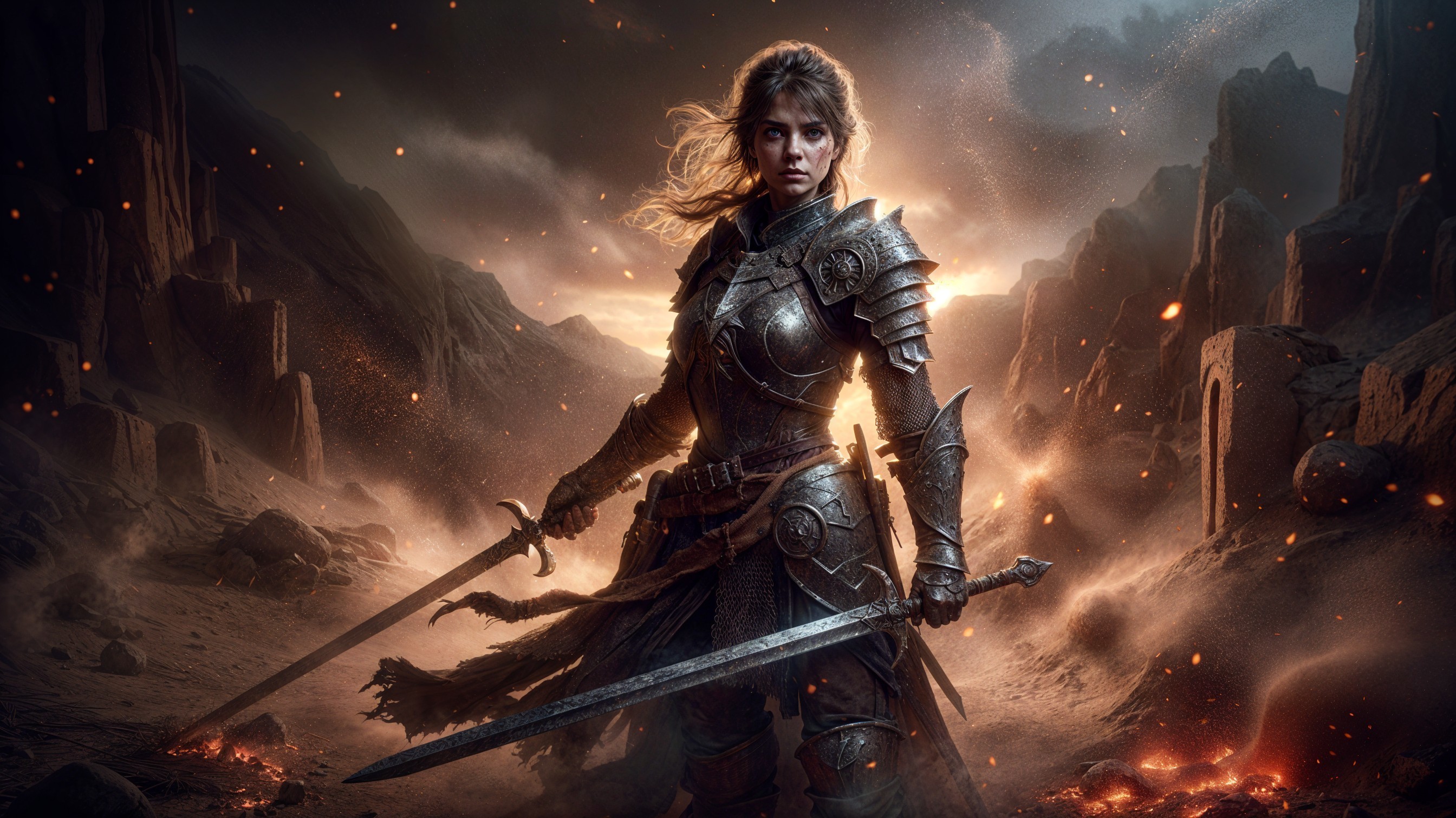 Fierce warrior in intricate armor amid dramatic landscape
