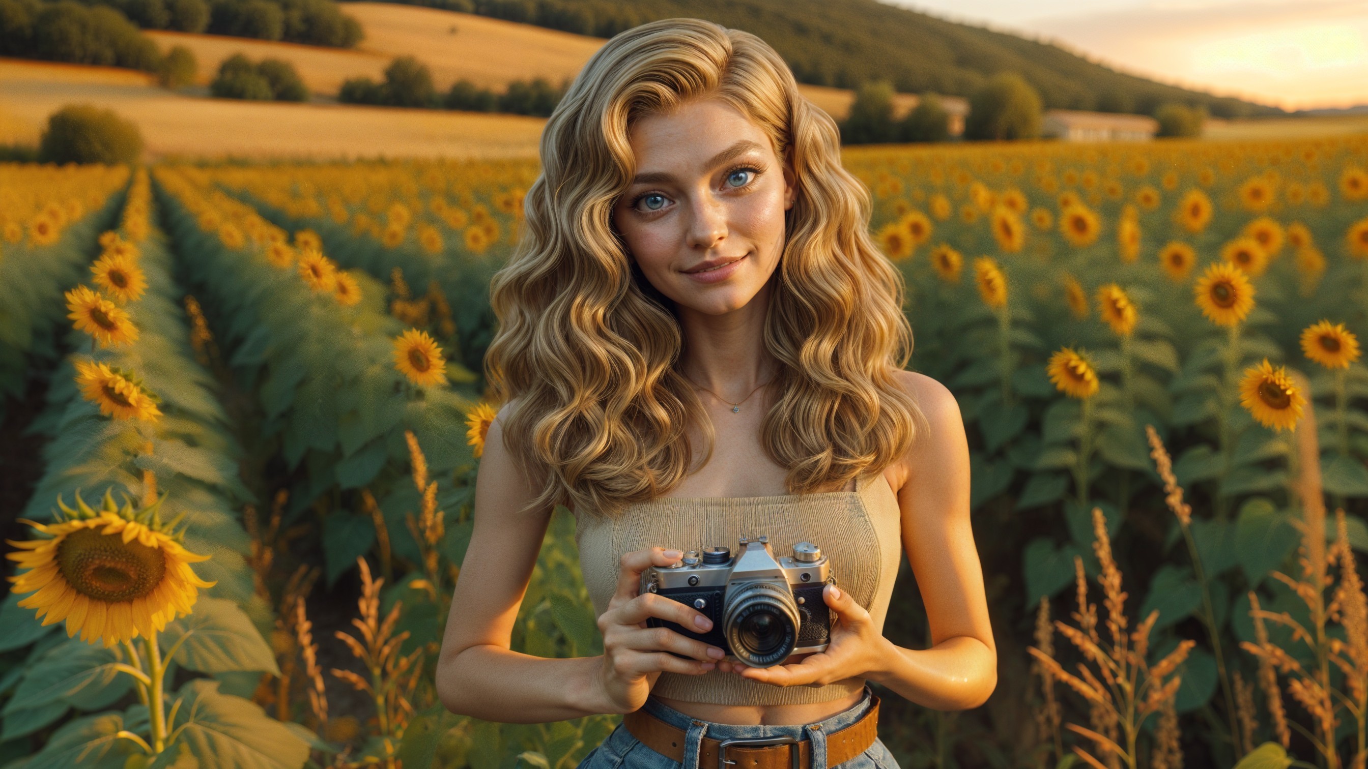 Young Woman in Sunflower Field with Vintage Camera