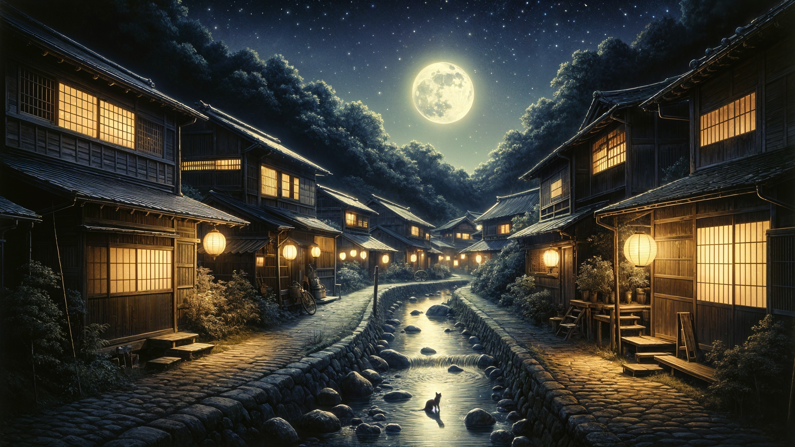 Traditional Japanese Village Under Moonlit Sky