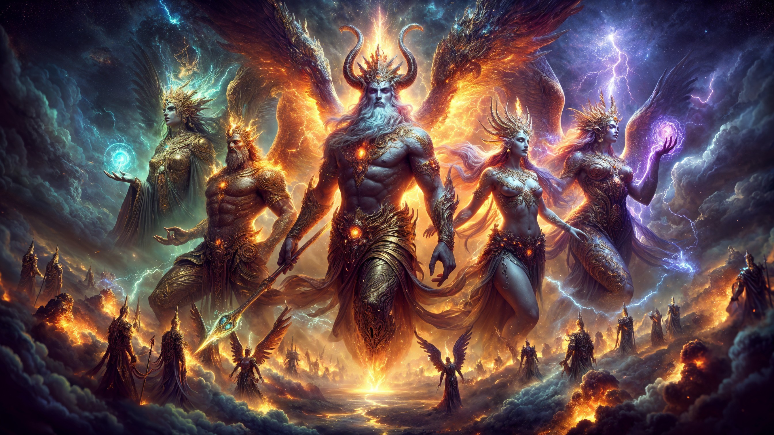 Pantheon of Deities with Energetic Orbs and Sky