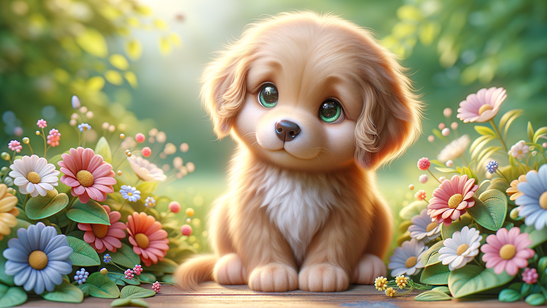 Fluffy Puppy in a Colorful Flower Garden Scene