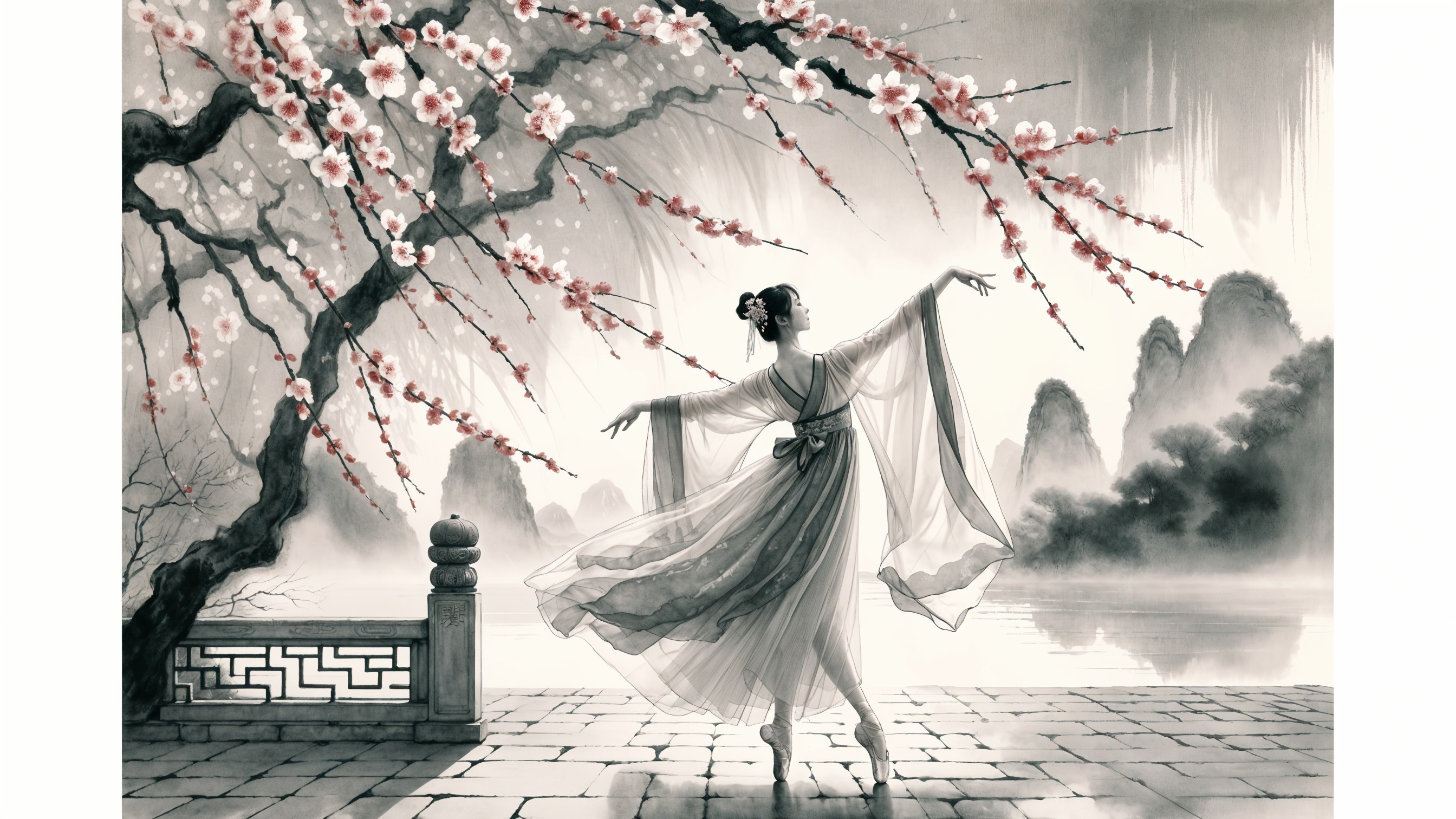 Ballet Dancer in Translucent Gown Amidst Cherry Blossoms