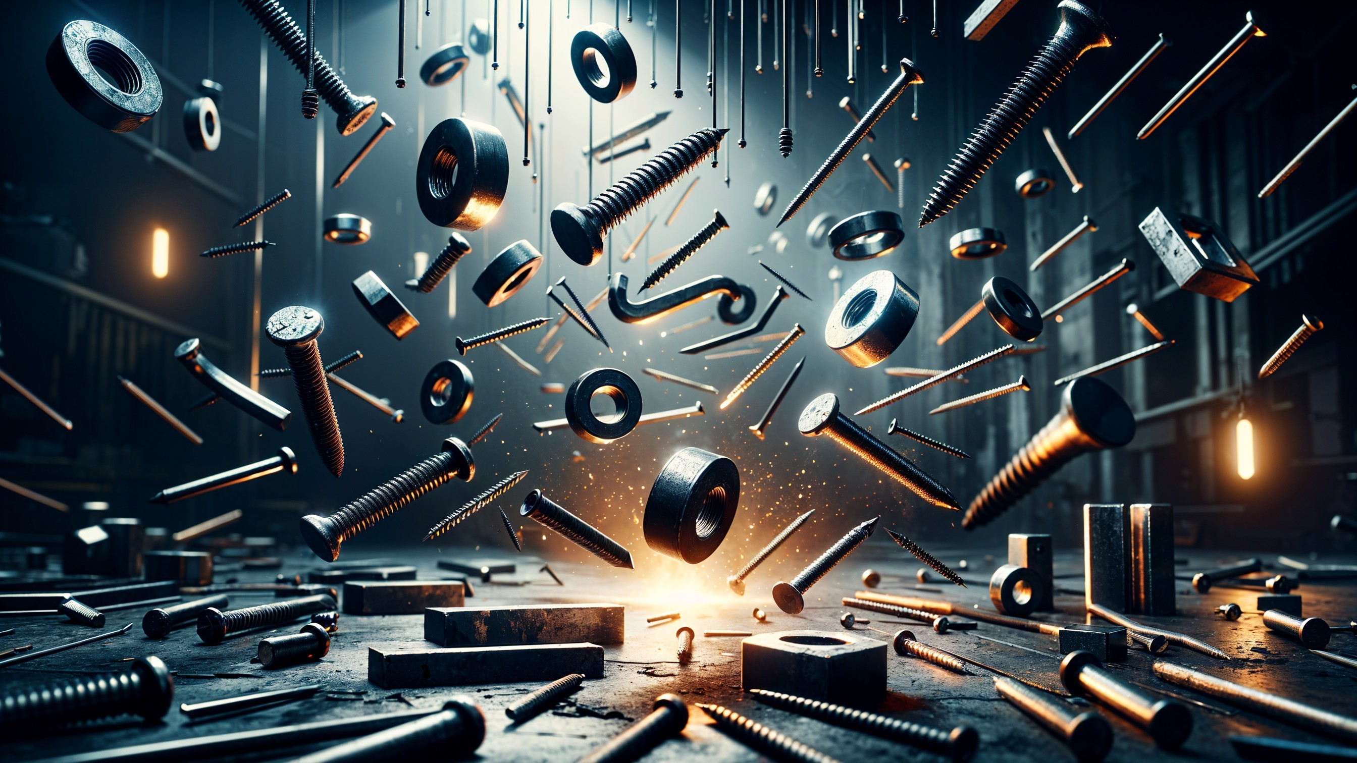Metallic Fasteners in Mid-Air with Industrial Background