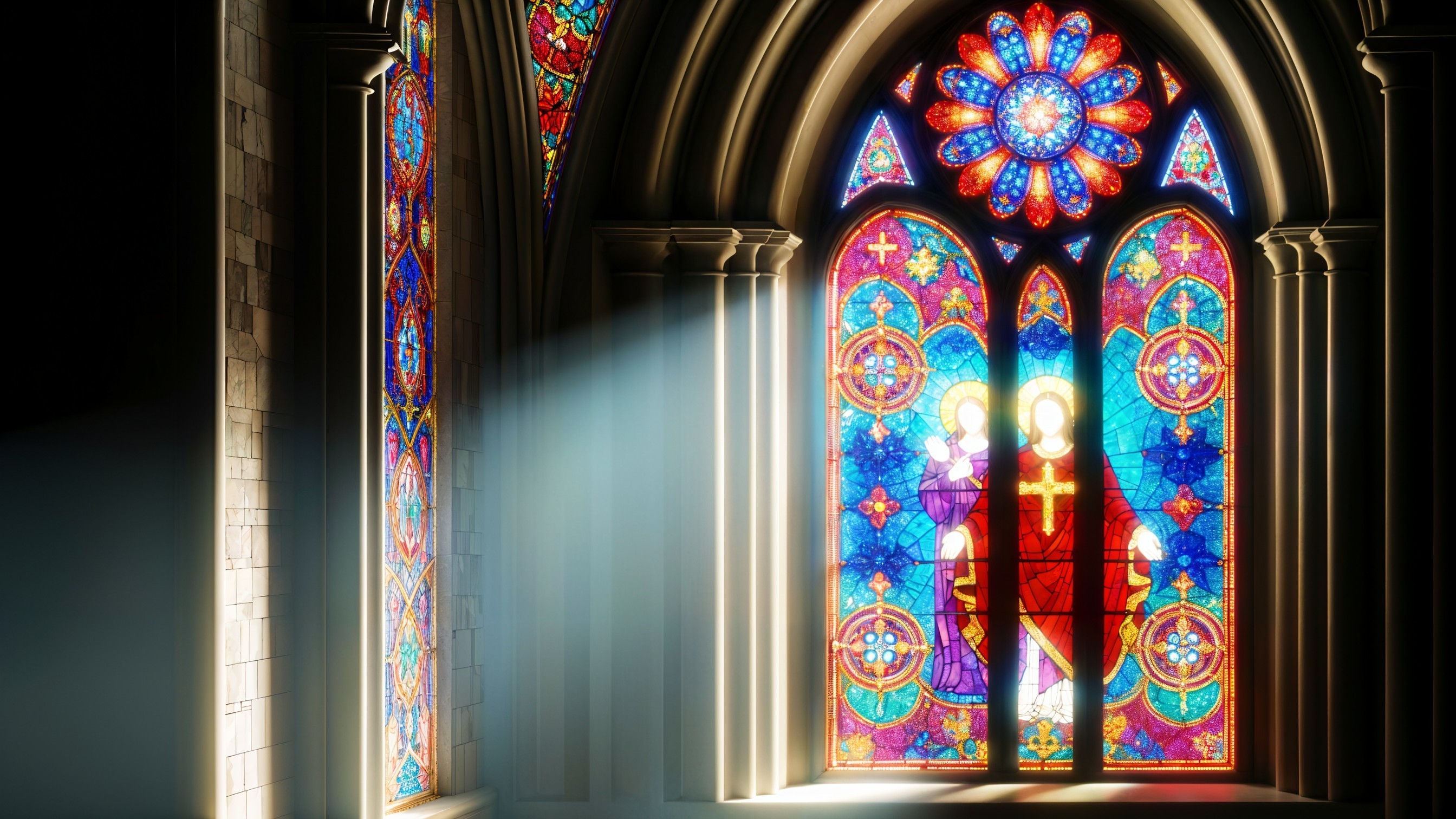 Stained Glass Window in Cathedral with Vibrant Colors