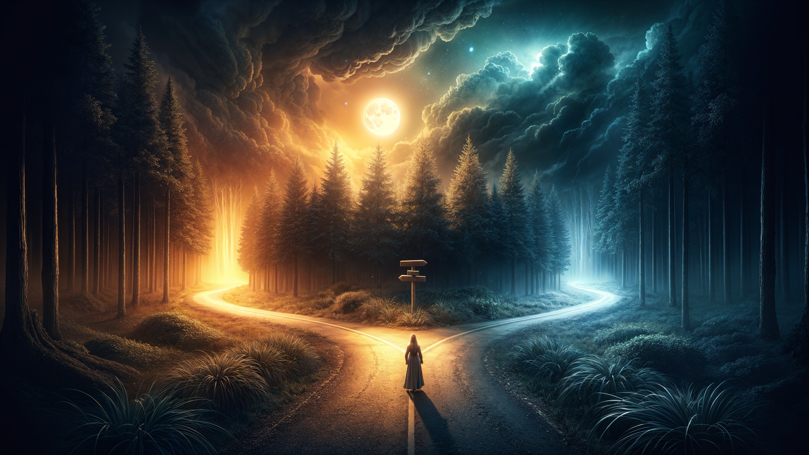 Mystical Forest Scene with Divergent Paths at Twilight