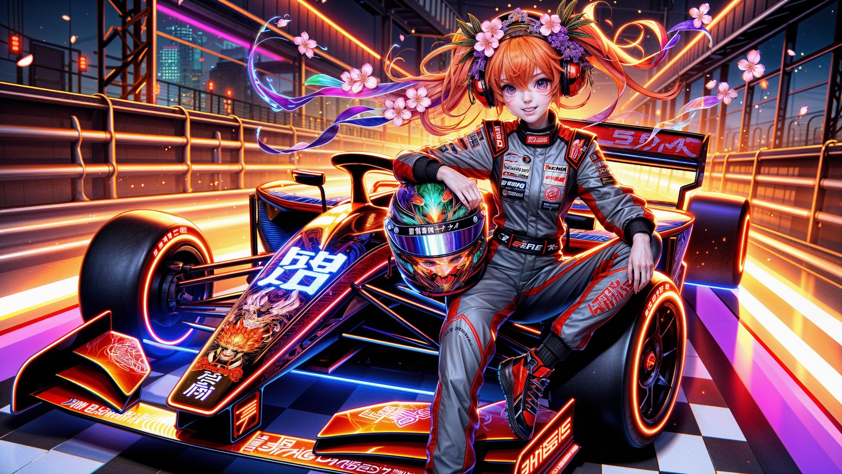 Futuristic Racing Car with Neon Designs and Anime Character