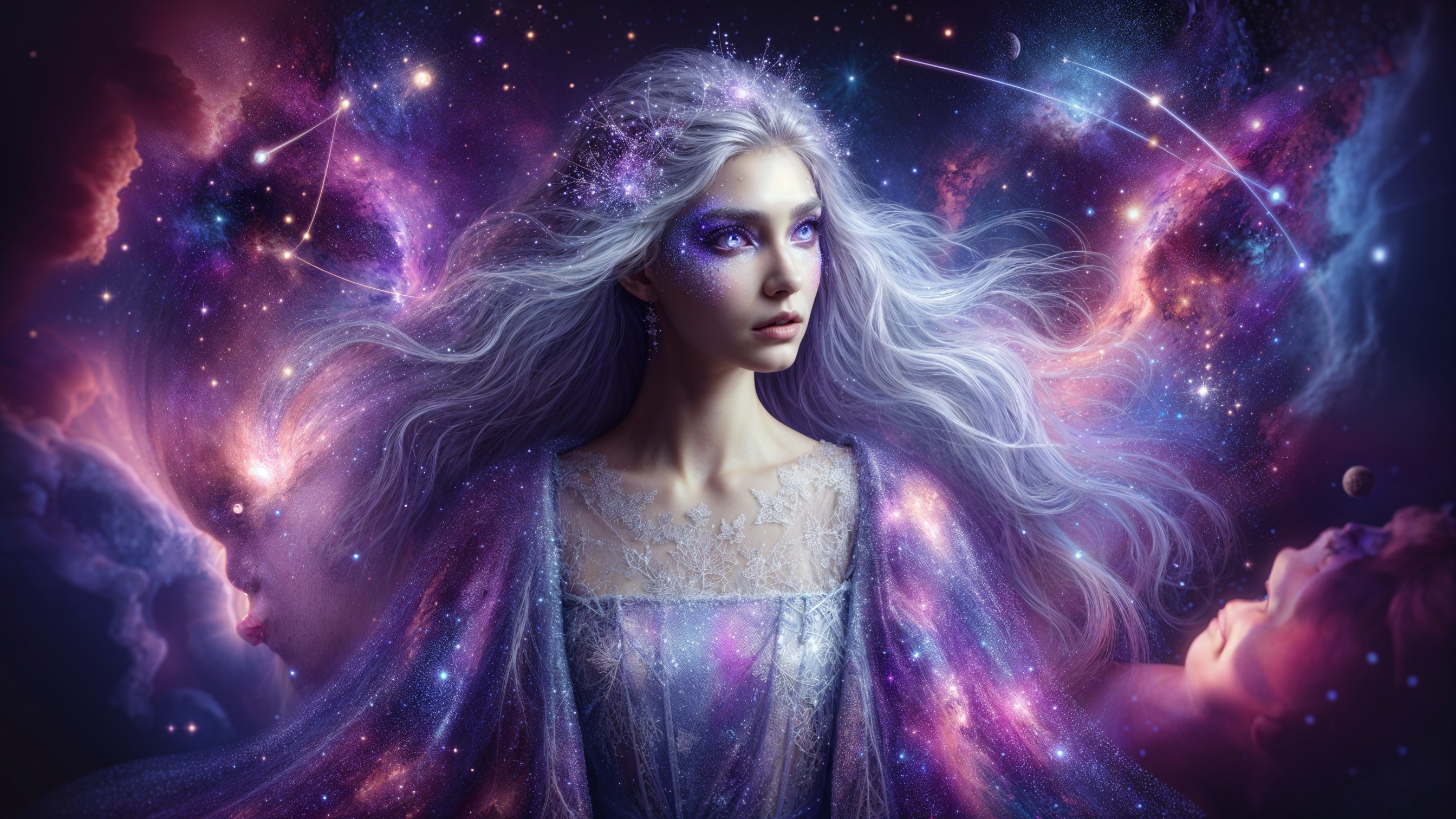 Celestial Woman in Cosmic Background with Stars