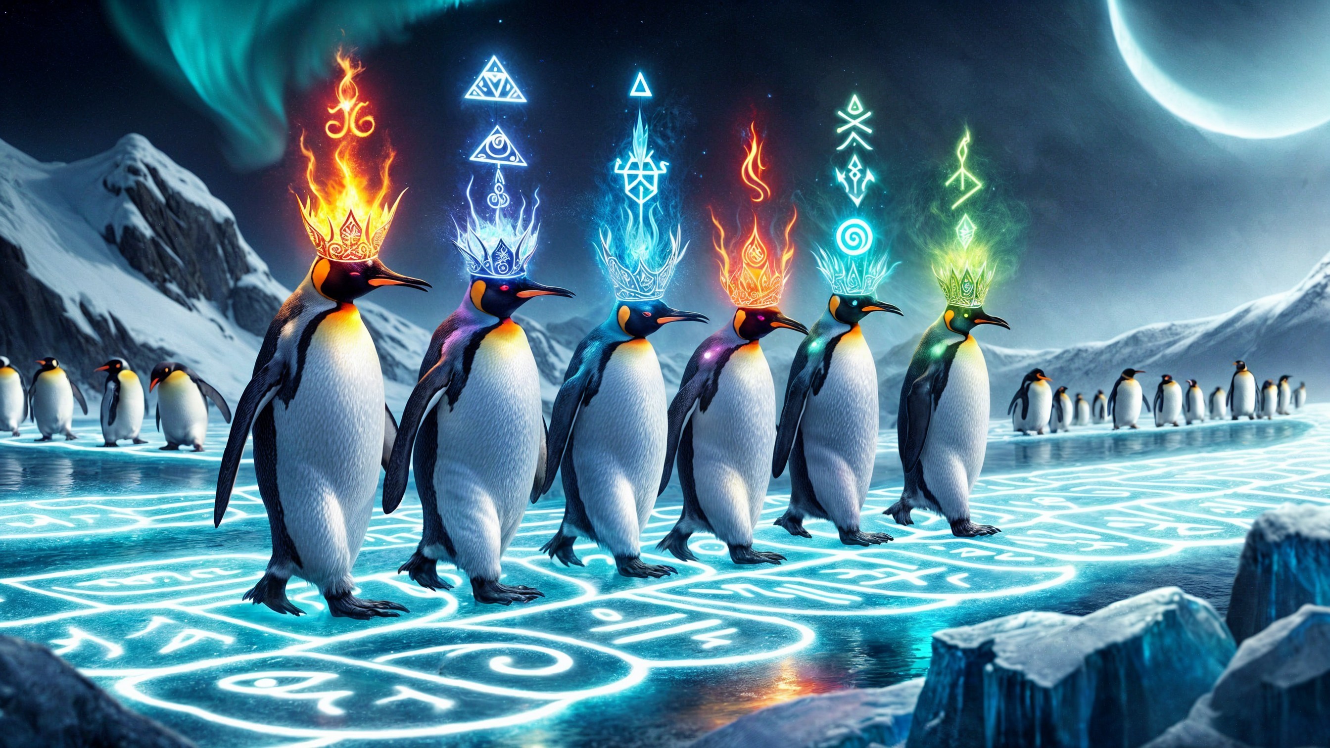 Penguins with Fiery Crowns on Icy Landscape Scene