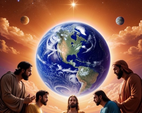 Cosmic Scene with Earth and Spiritual Figures