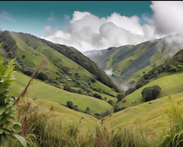 Lush Green Hills Under Blue Sky with Misty Valleys