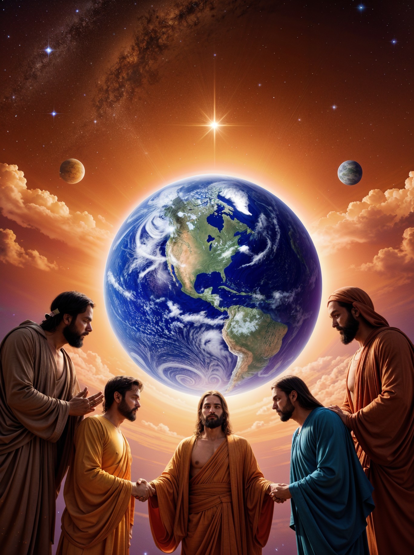Cosmic Scene with Earth and Spiritual Figures