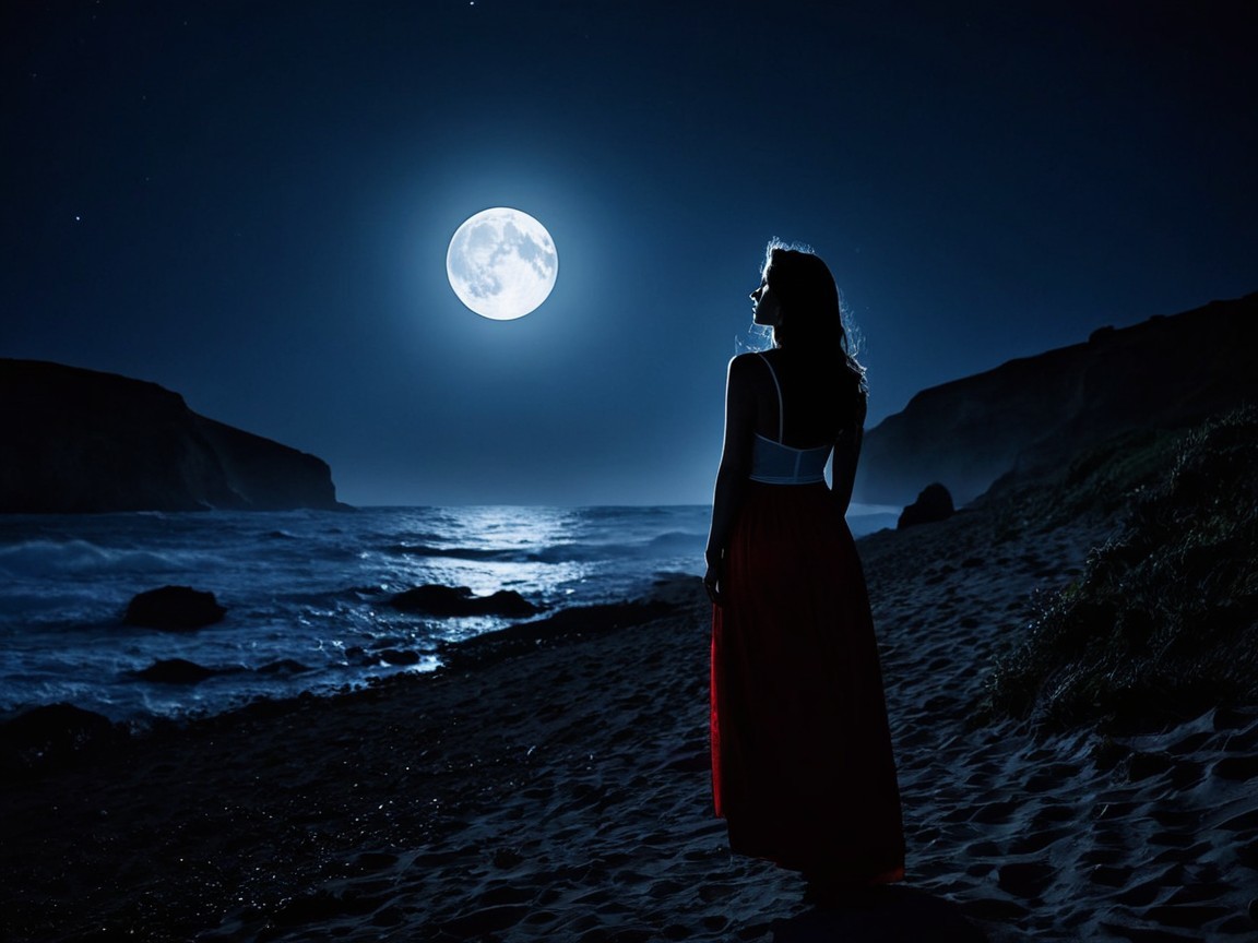 Silhouette of Woman on Beach Under Full Moonlight