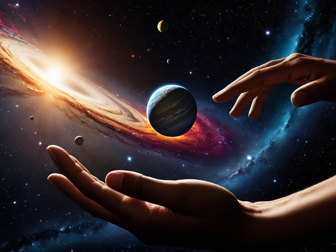Cosmic Scene of Hands Reaching for a Floating Planet