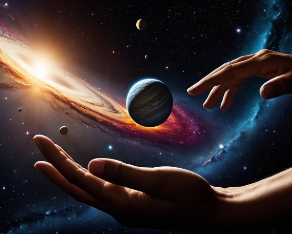 Cosmic Scene of Hands Reaching for a Floating Planet