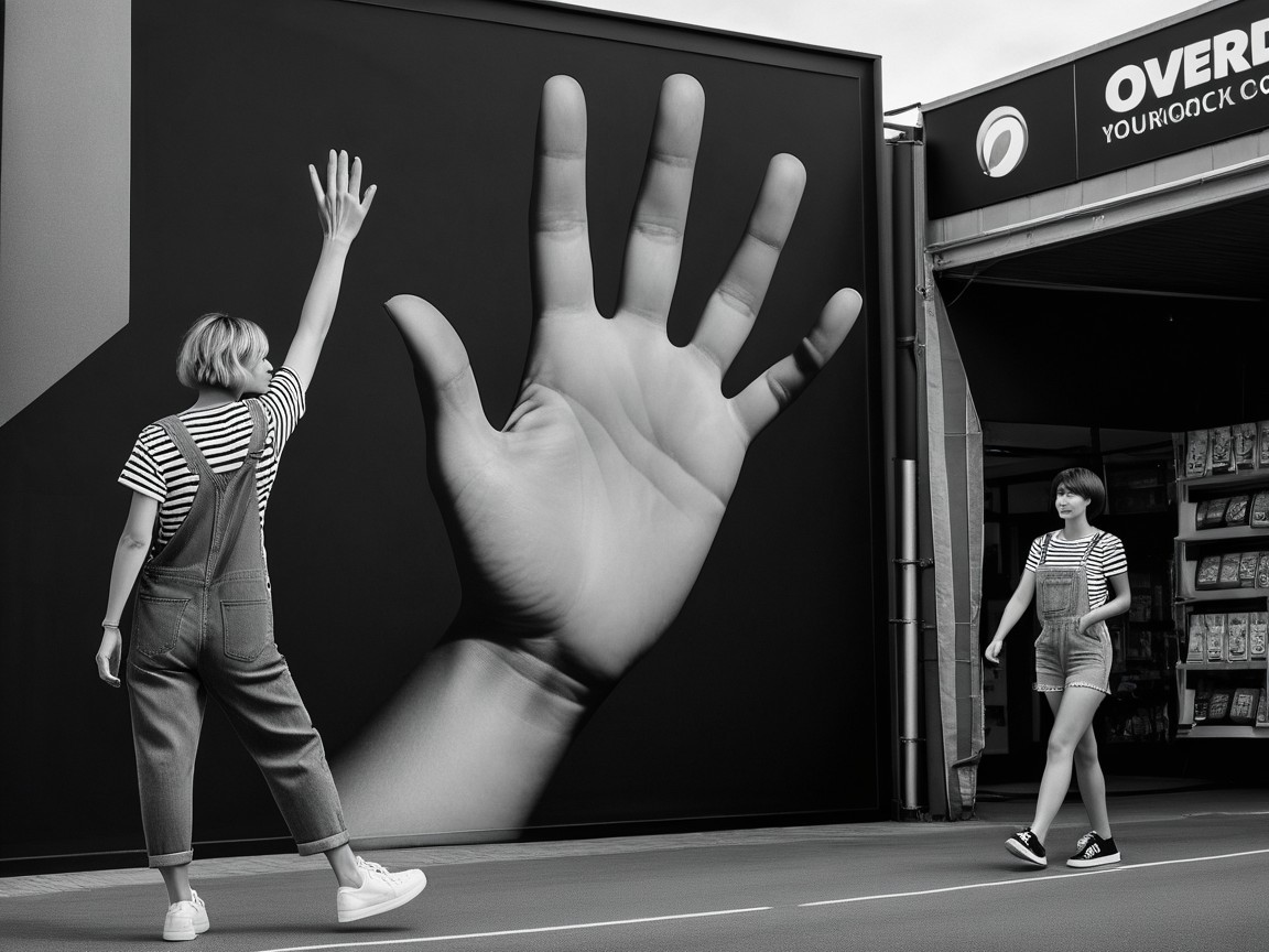 Black-and-white mural featuring a person and hand