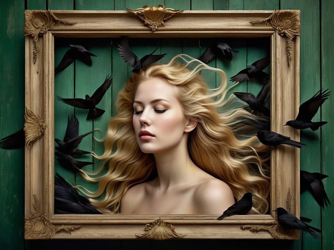 Serene Woman in Gold Frame with Black Birds Background
