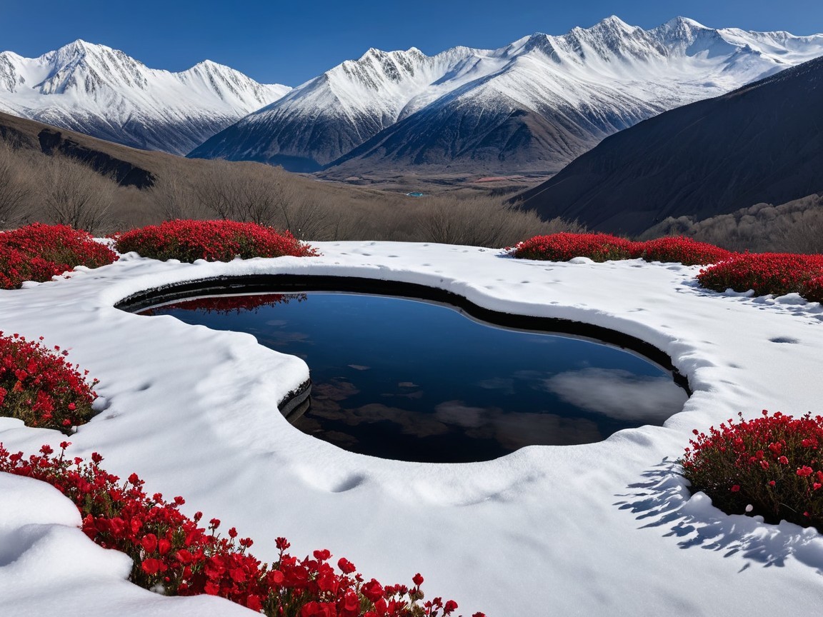 Serene Landscape with Pool and Snow-Capped Mountains