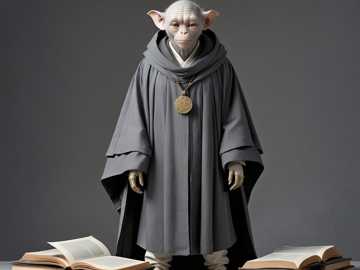 Mystical Alien Figure in Gray Robe with Pendant