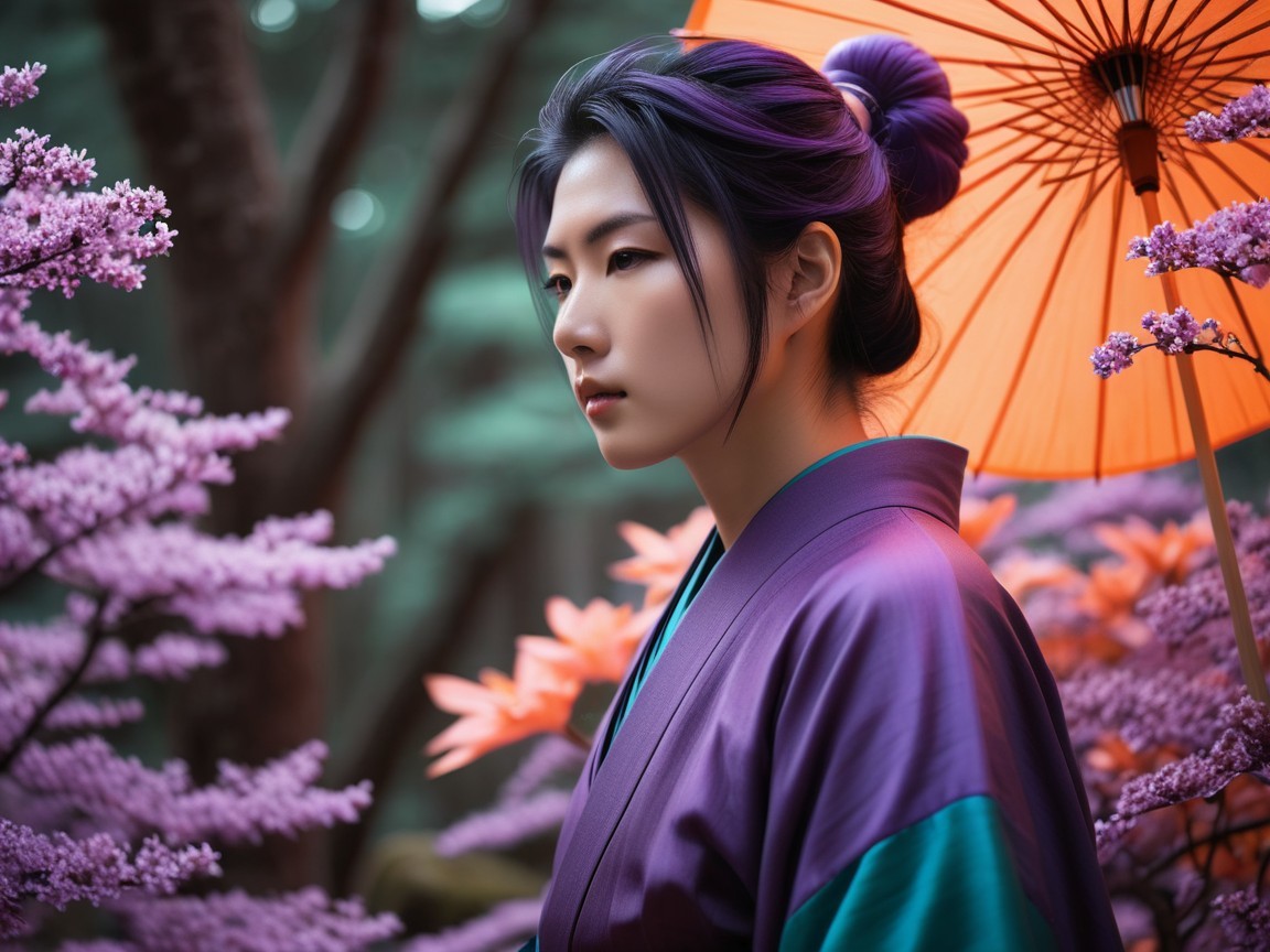 Serene Figure in Kimono Surrounded by Purple Blossoms