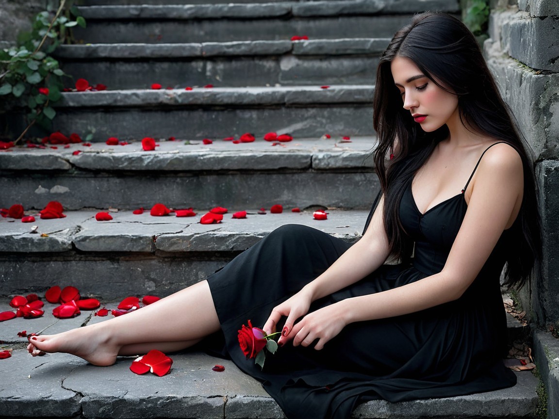 Young woman on stone steps with rose petals and dress