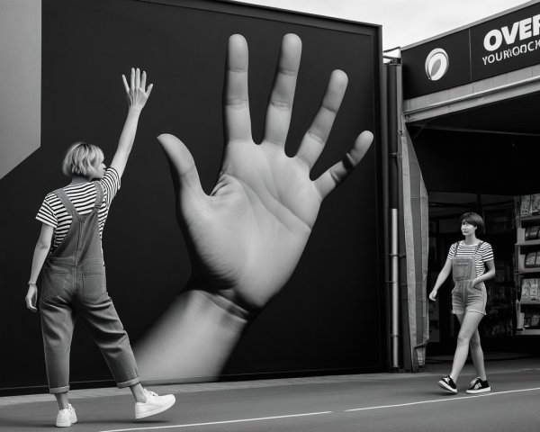 Black-and-white mural featuring a person and hand