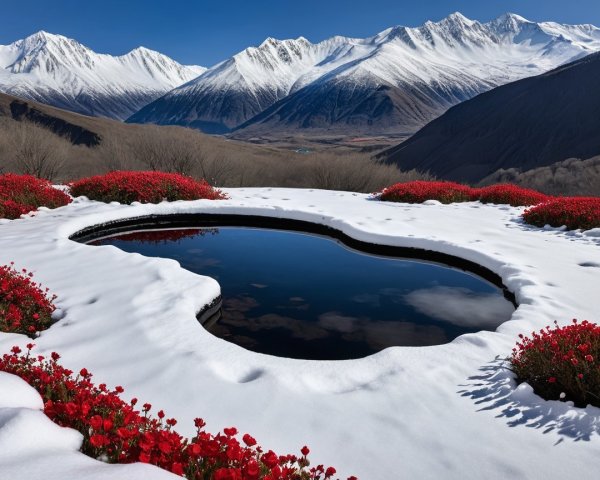 Serene Landscape with Pool and Snow-Capped Mountains