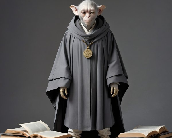 Mystical Alien Figure in Gray Robe with Pendant