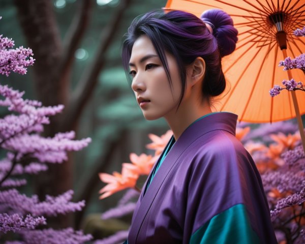 Serene Figure in Kimono Surrounded by Purple Blossoms