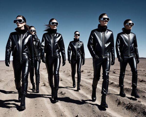 Group in Black Leather Outfits on Sandy Terrain