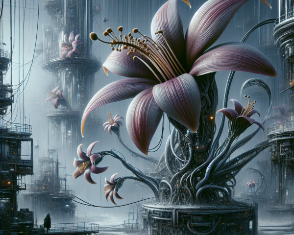 Futuristic Flower in Cyberpunk Landscape with Metal Structures