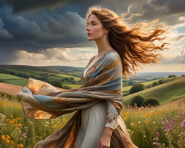 Young Woman in Vibrant Field with Dramatic Sky