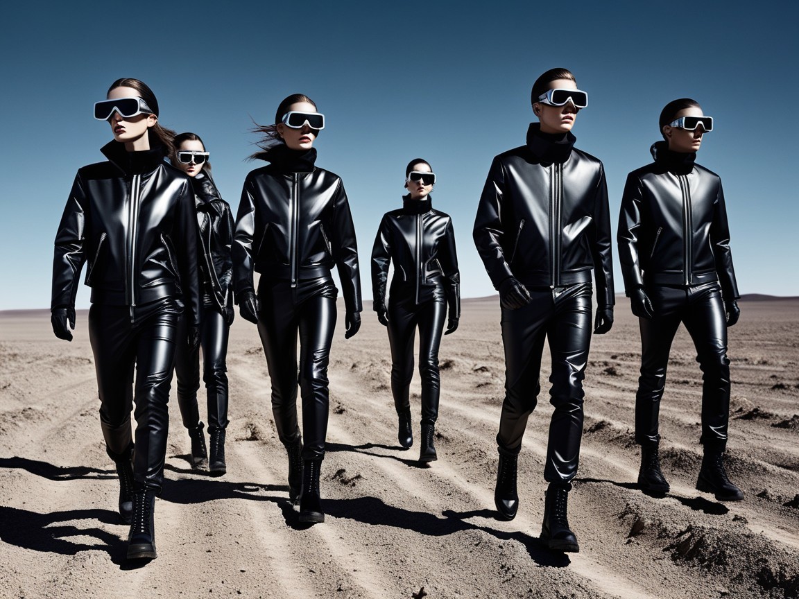 Group in Black Leather Outfits on Sandy Terrain