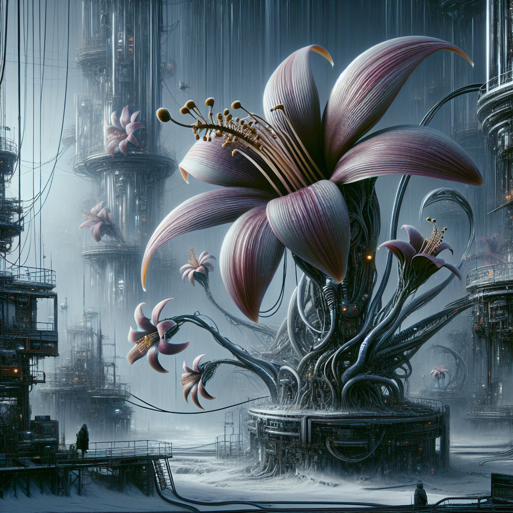 Futuristic Flower in Cyberpunk Landscape with Metal Structures
