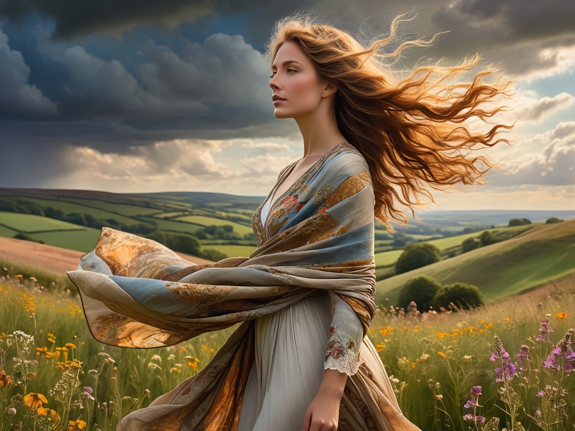 Young Woman in Vibrant Field with Dramatic Sky