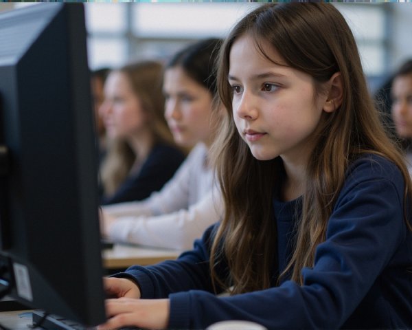 Young girl using computer in collaborative classroom setting