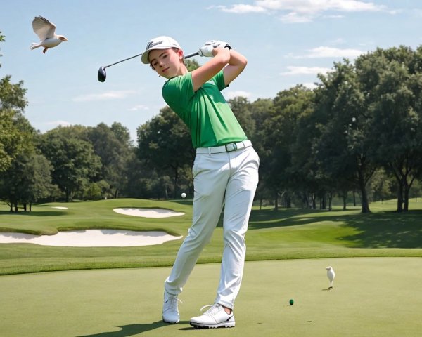 Young Golfer Swinging on a Sunny Golf Course