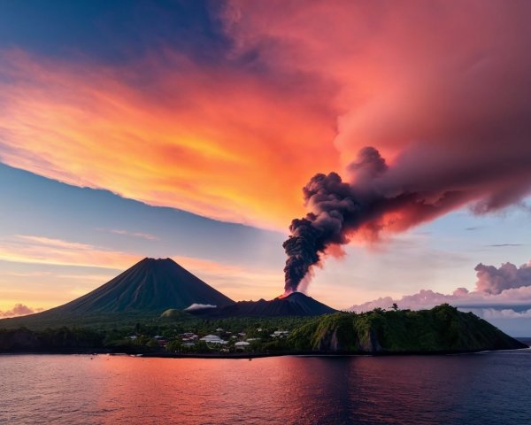 Volcano Eruption at Sunset Over Serene Island Coast