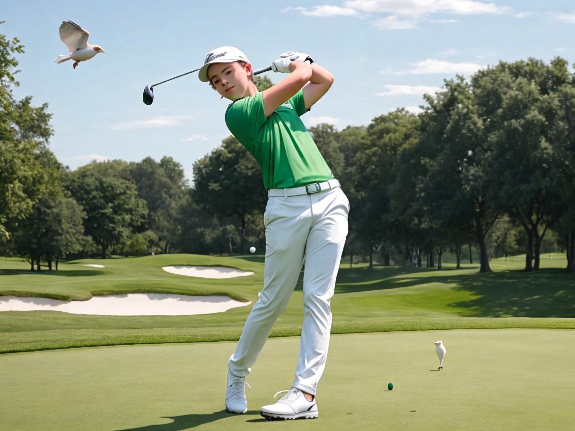 Young Golfer Swinging on a Sunny Golf Course