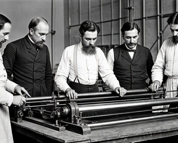 Men in Early 20th Century Attire with Machinery