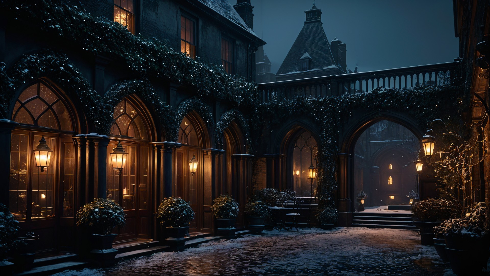 Moonlit Courtyard with Arches and Lanterns